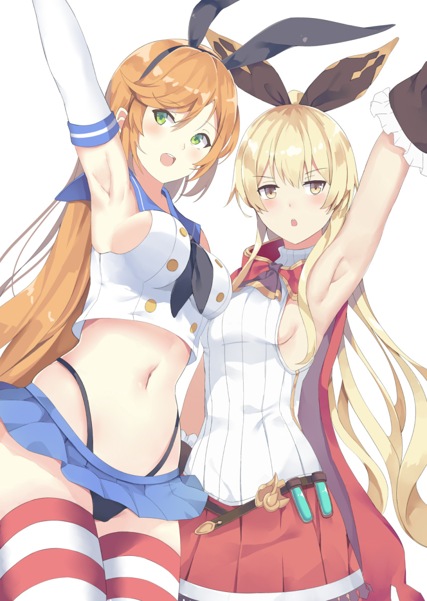 >:o, 2girls, :d, :o, armpits, black_panties, blonde_hair, blush