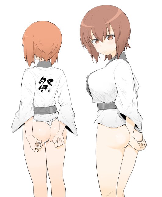 2girls, bangs, blush, closed_mouth, commentary_request, embarrassed, from_behind, fundoshi, henyaan_(oreizm), japanese_clothes, light_frown, looking_at_viewer, looking_back, multiple_girls, nishizumi_maho, nishizumi_miho, no_pants, shirt, short_hair, siblings, simple_background, sisters, standing, white_background, white_shirt