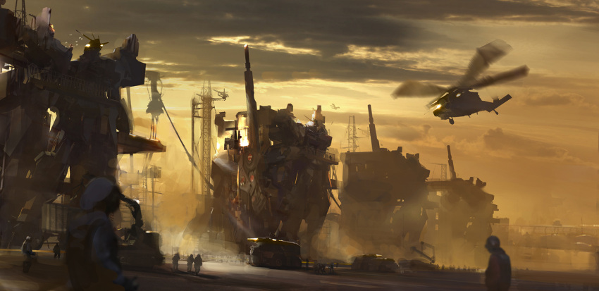6+boys, aircraft, backlighting, clouds, fence, flying, full_body, ground_vehicle