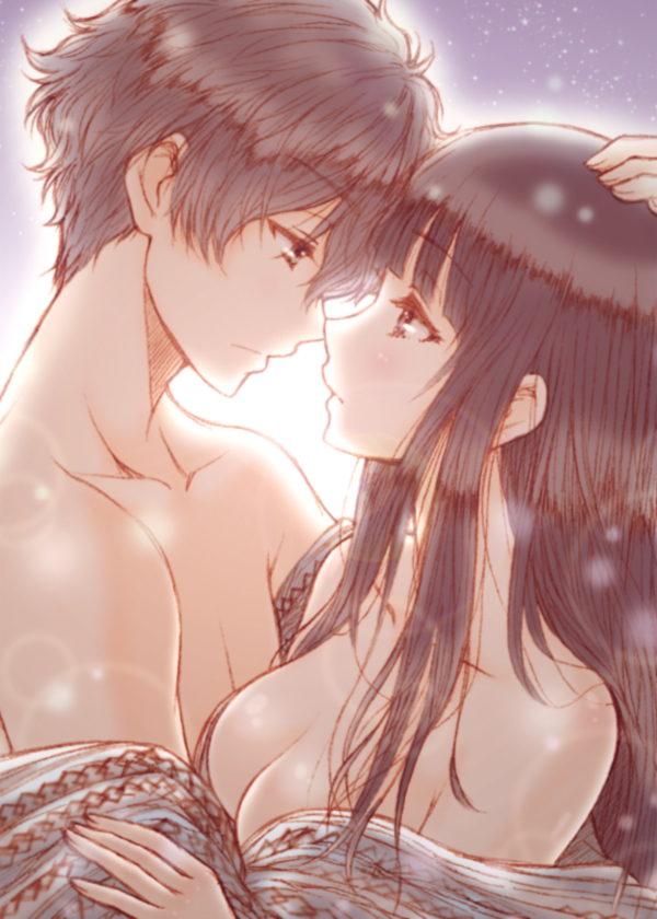 1boy, 1girl, bare_shoulders, black_hair, bluez, breasts, chitanda_eru, cleavage