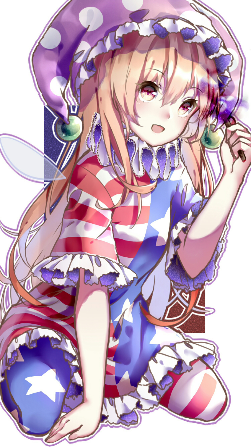 1girl, absurdres, american_flag_dress, american_flag_legwear, arm_support, blonde_hair, clownpiece, dress