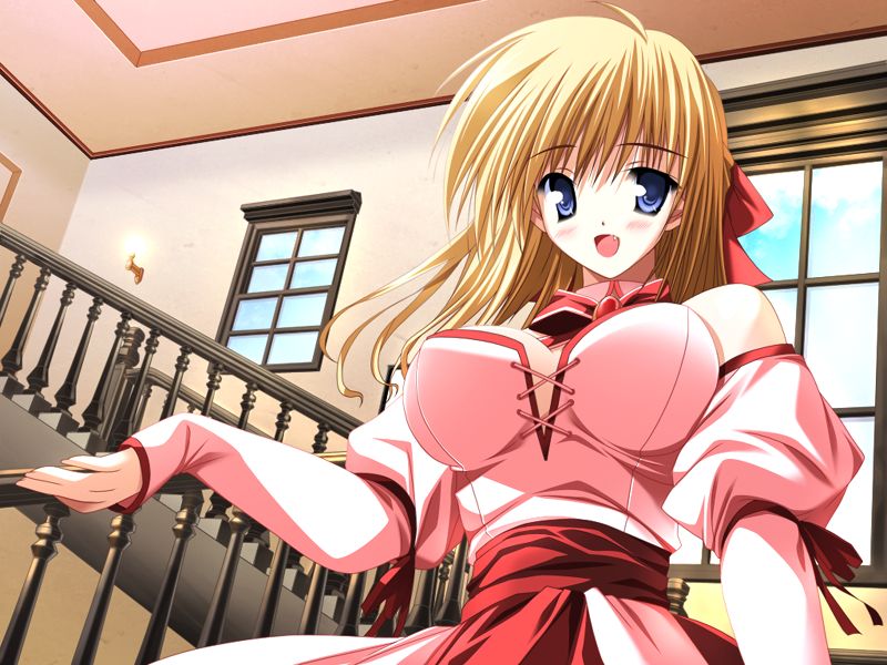 bare_shoulders, blonde_hair, blue_eyes, breasts, cleavage, dress, fang, game_cg
