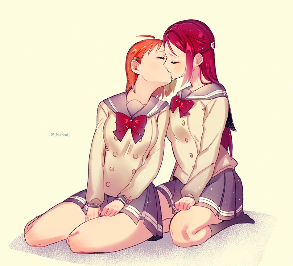 2girls, ahoge, bangs, bow, clenched_hands, closed_eyes, double-breasted, hair_bow