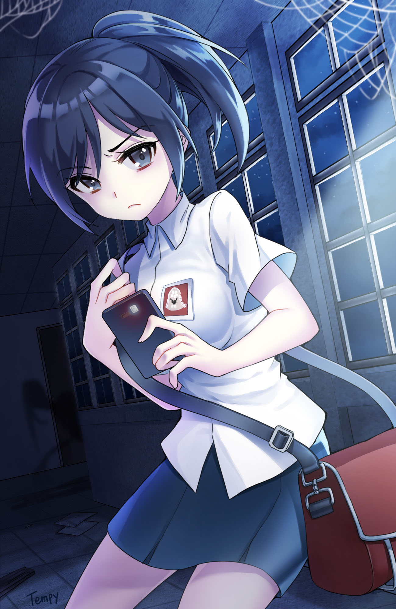 1girl, artist_name, black_eyes, black_hair, black_skirt, breasts, character_request, closed_mouth, dreadout, eyebrows_visible_through_hair, highres, large_breasts, linda_mellinda, looking_at_viewer, shirt, short_hair, short_ponytail, silk, skirt, solo, spider_web, tempi_(yise426), white_shirt