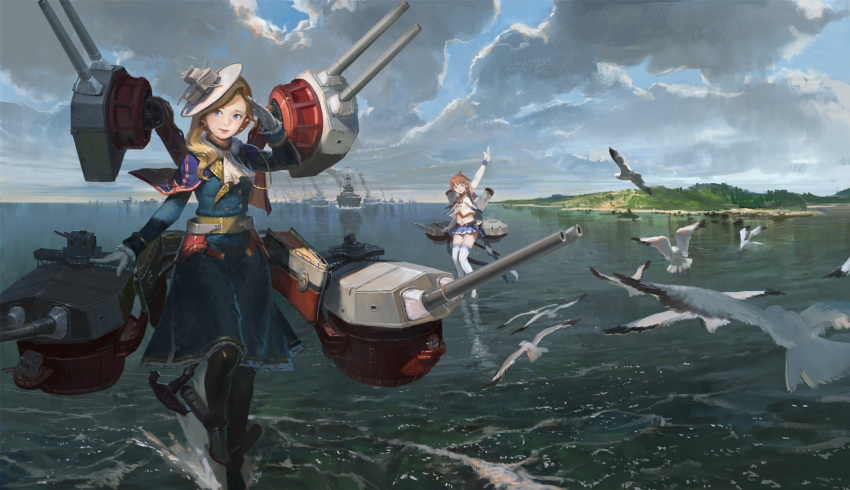 2girls, :d, aiguillette, aircraft_carrier, anchor, bangs, battleship, beach, belt, bilan_hangxian, bird, black_legwear, blonde_hair, blue_eyes, brown_hair, buttons, capelet, clouds, cloudy_sky, commentary_request, earrings, elbow_gloves, enterprise_(hms)_(bilan_hangxian), fleet, frill_trim, frills, full_body, fur_trim, gloves, hat, headgear, highres, hood_(bilan_hangxian), jeanex, jewelry, long_sleeves, looking_afar, looking_at_viewer, midriff, military, military_uniform, military_vehicle, miniskirt, multiple_girls, navel, ocean, on_water, one_leg_raised, open_mouth, outdoors, pantyhose, pleated_skirt, rigging, rocket_launcher, salute, seagull, ship, shoes, short_hair, skirt, sky, sleeveless, smile, smoke, smokestack, swept_bangs, thigh-highs, traditional_media, trench_coat, turret, uniform, wake, warship, water, watercraft, waving, wavy_hair, weapon, white_gloves, white_legwear