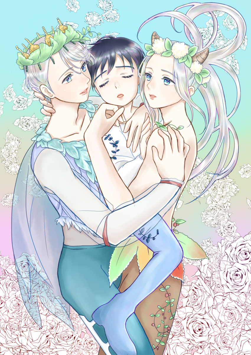 3boys, absurdres, black_hair, blue_eyes, boy_sandwich, carrying, child, closed_eyes