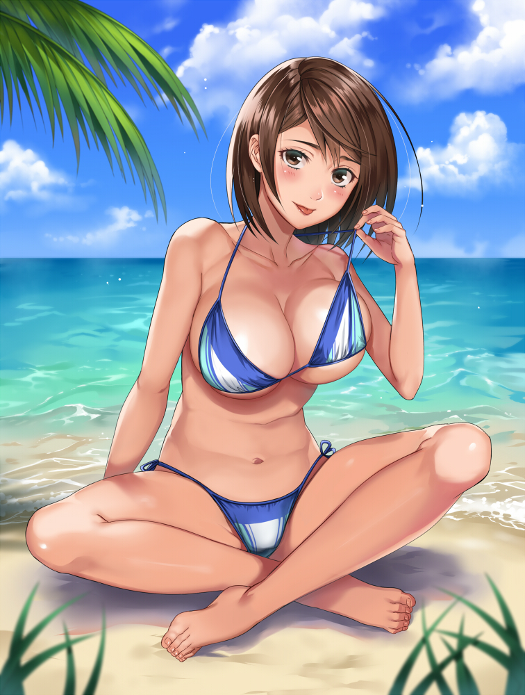 1girl, barefoot, beach, bikini, blue_bikini, blue_sky, blush, breasts