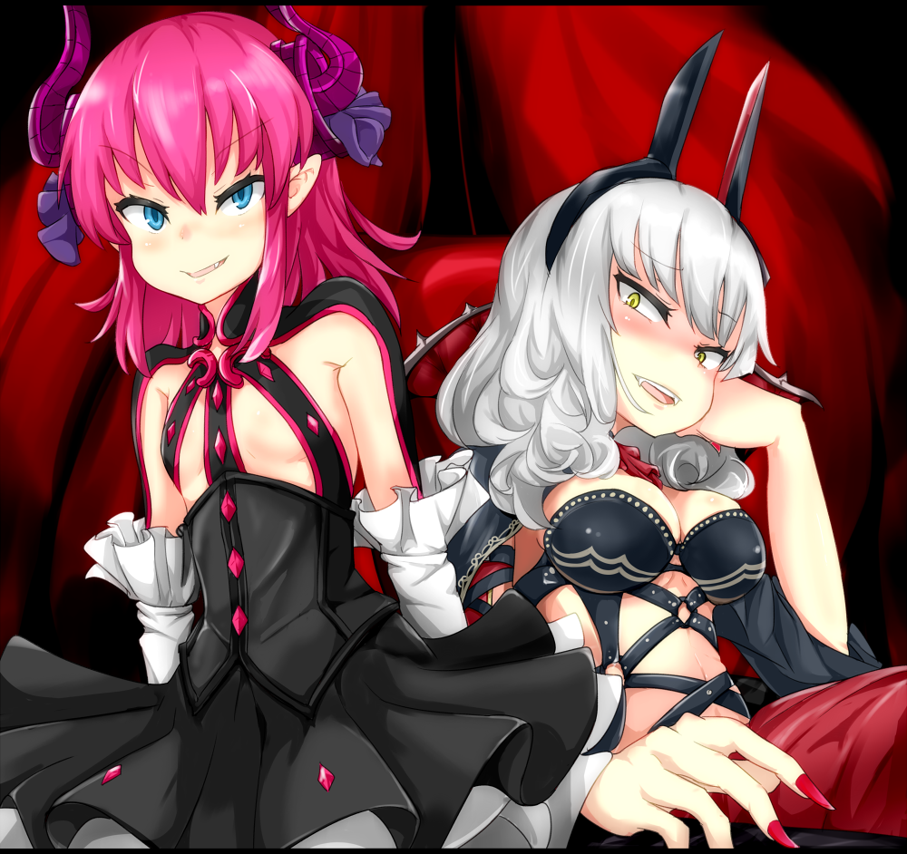2girls, asymmetrical_horns, blue_eyes, breasts, carmilla_(fate/grand_order), cleavage, corset, dragon_girl