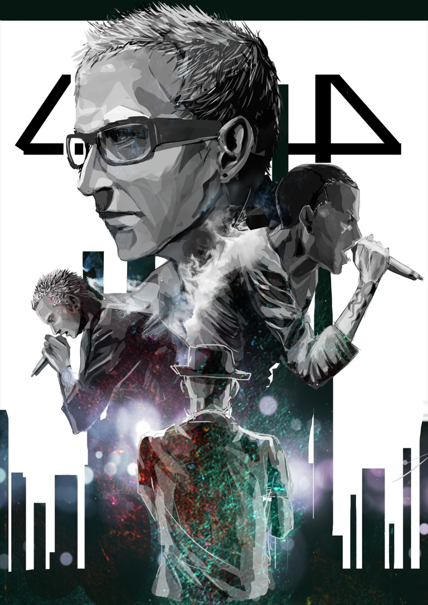 1boy, chester_charles_bennington, ear_piercing, glasses, hat, highres, kataru_(ubw-emiya), linkin_park, male_focus, microphone, multiple_views, music, piercing, realistic, shaved_head, short_hair, singing, tattoo