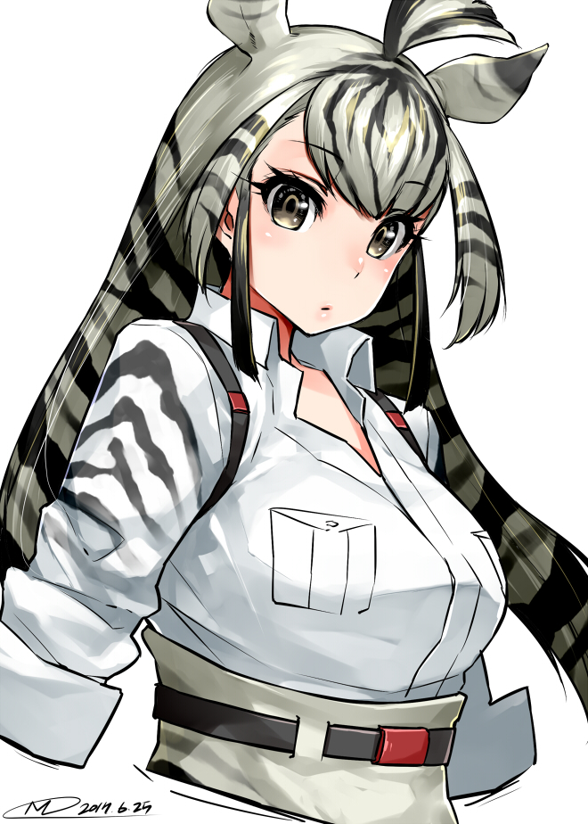 1girl, belt, black_hair, blush, chapman's_zebra_(kemono_friends), collared_shirt, grey_eyes, grey_hair