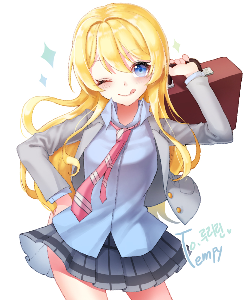 1girl, black_skirt, blonde_hair, blue_eyes, blush, briefcase, closed_mouth, eyebrows_visible_through_hair
