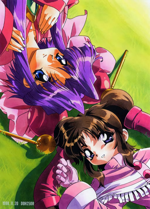 1998, 2girls, 90s, blue_eyes, brown_hair, cherry_(saber_j), cherry_(saber_r), crossover, dated, from_above, furudori_yayoi, gloves, headdress, long_hair, long_sleeves, looking_at_viewer, lying, multiple_girls, official_art, on_back, on_ground, parted_lips, purple_hair, saber_marionette_j, saber_marionette_r, smile, twintails