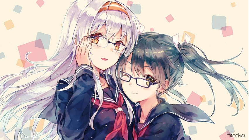 2girls, adjusting_glasses, bespectacled, blush, brown_eyes, glasses, hair_ribbon, hairband