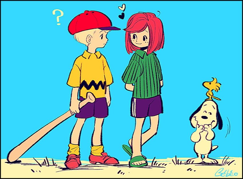 1boy, 1girl, ?, arms_behind_back, baseball_cap, beagle, bird, black_border