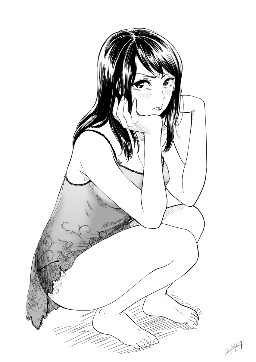 >:(, 1girl, artist_signature, barefoot, breasts, chin_rest, cleavage, commentary_request