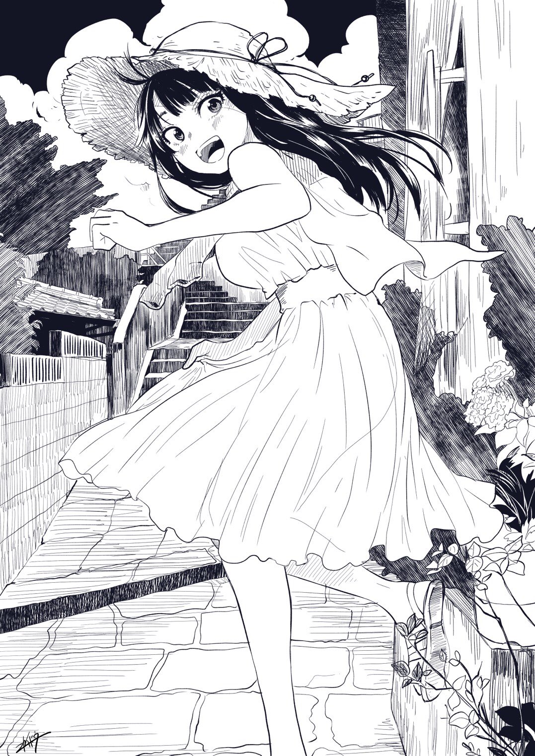 1girl, :d, bare_shoulders, blush, breasts, capelet, clenched_hand, commentary_request