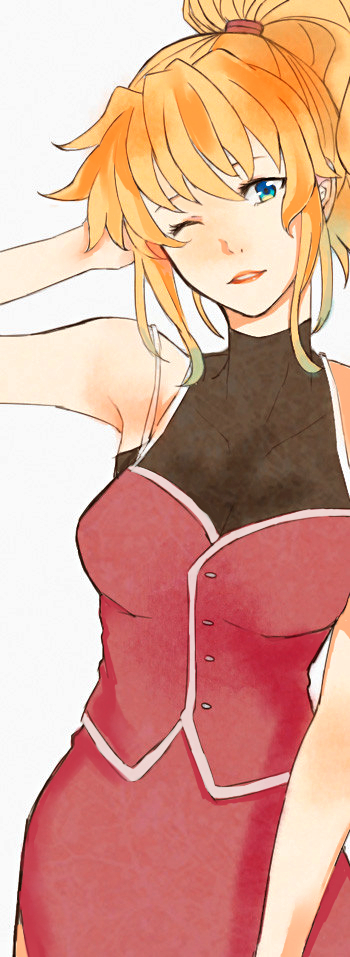 1girl, blonde_hair, blue_eyes, breasts, excellen_browning, hand_in_hair, hayuki106, long_hair, one_eye_closed, side_slit, solo, super_robot_wars
