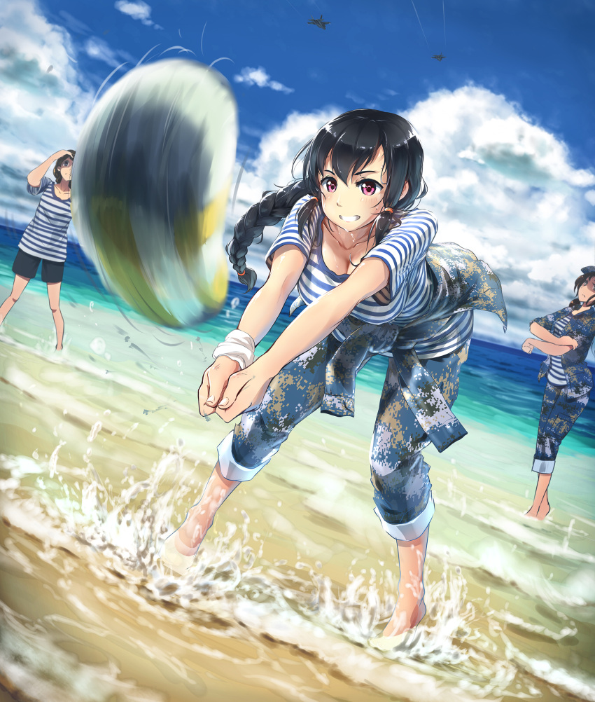 3girls, action, aircraft, airplane, barefoot, beach, black_hair, blush