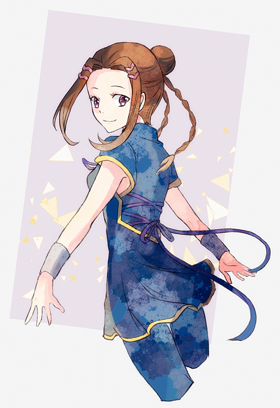 1girl, bracer, braid, brown_hair, dress, hair_bun, hair_ornament, hairclip