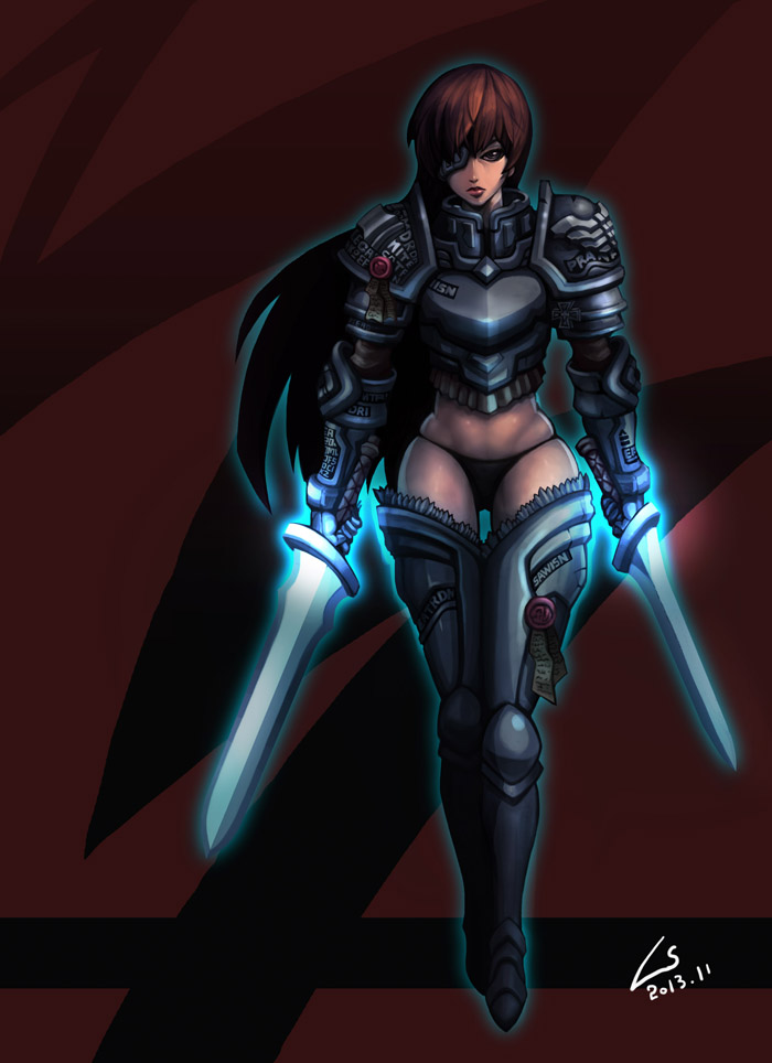 adapted_costume, armor, boots, brown_eyes, brown_hair, cross, dated, dual_wielding