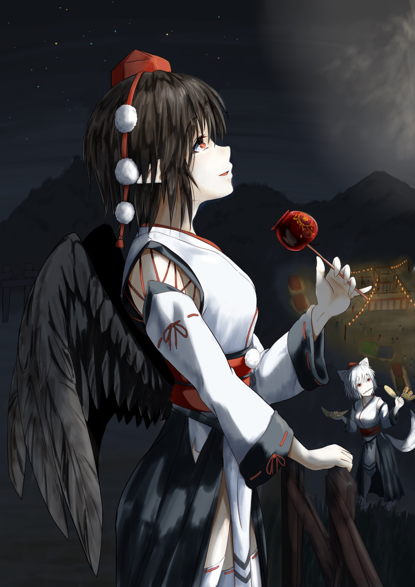 2girls, animal_ears, bird_wings, black_hair, candy_apple, commentary_request, detached_sleeves, feathered_wings