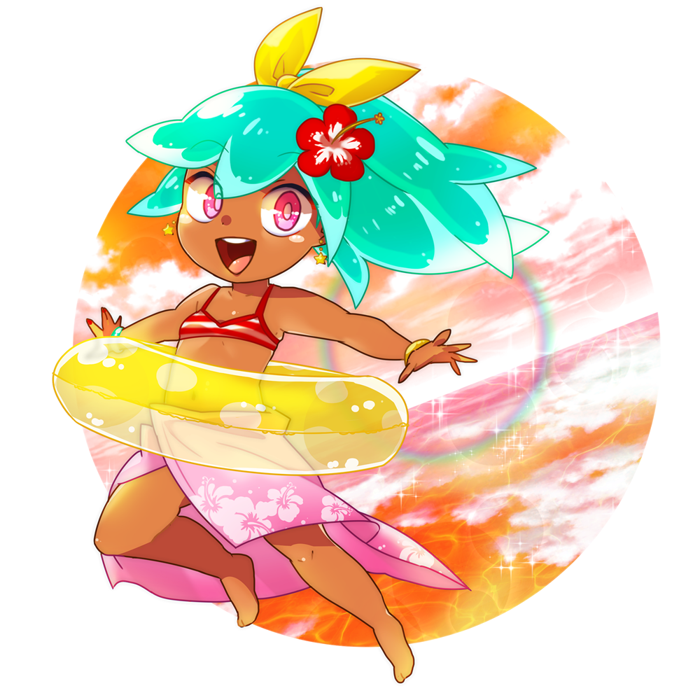 1girl, amesafu, aqua_hair, barefoot, beachhime, bikini, bracelet, breasts, clouds, dutch_angle, earrings, flower, hair_flower, hair_ornament, hibiscus, high_ponytail, horizon, innertube, jewelry, long_hair, nail_polish, open_mouth, outdoors, pink_eyes, red_nails, sarong, sky, small_breasts, solo, star, star_earrings, striped, striped_bikini, swimsuit, tan, transparent, water, white_background, youkai, youkai_watch