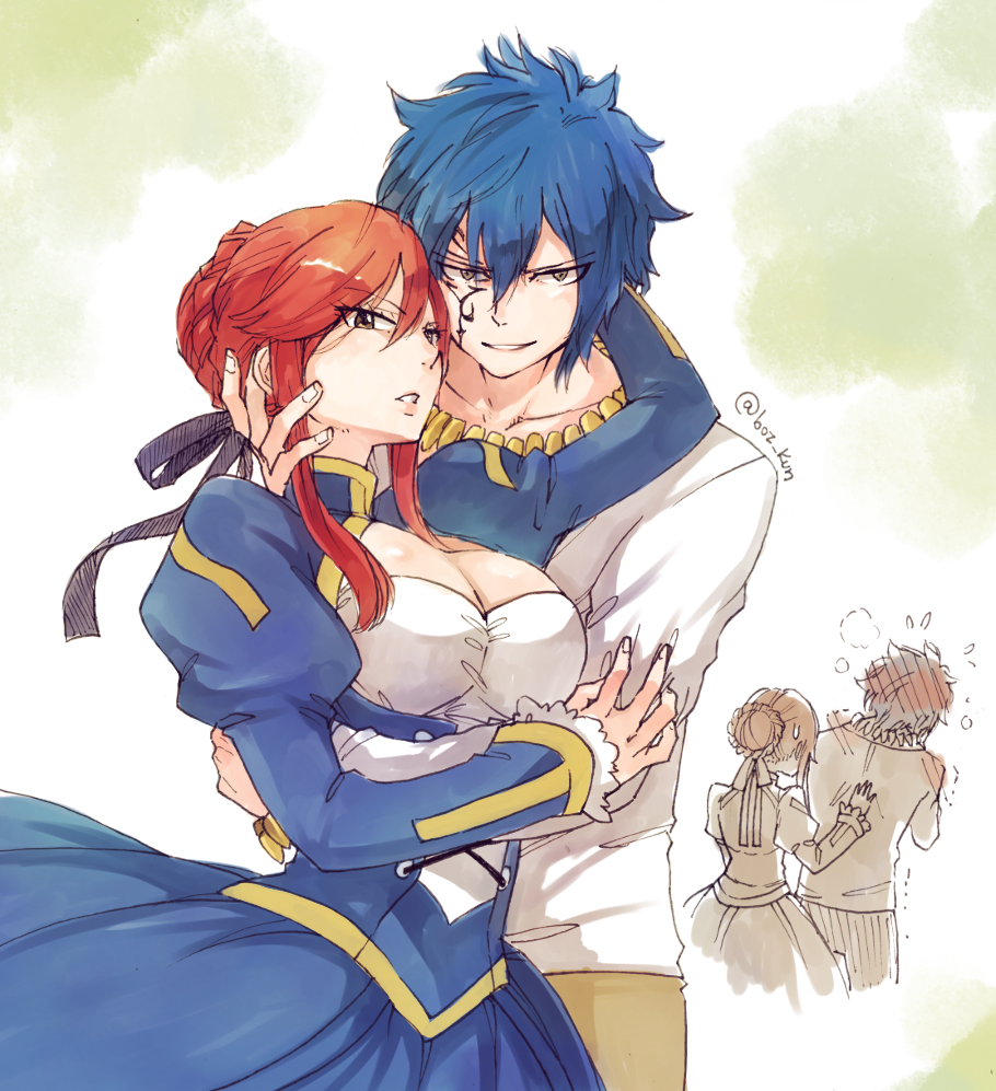 1boy, 1girl, blue_eyes, blue_hair, blush, breasts, brown_eyes, cosplay