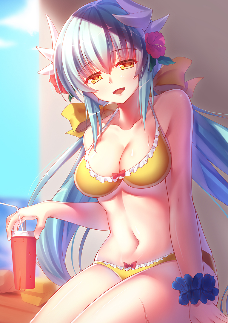 1girl, blush, breasts, cleavage, cup, drinking_straw, eyebrows_visible_through_hair, fate/grand_order