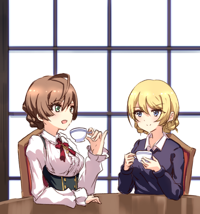 2girls, ahoge, bangs, blonde_hair, blue_eyes, blue_sweater, blush, braid