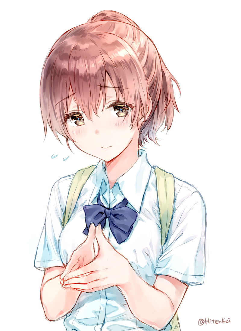 1girl, 3:, artist_name, backpack, bag, bangs, blue_bow, blue_bowtie