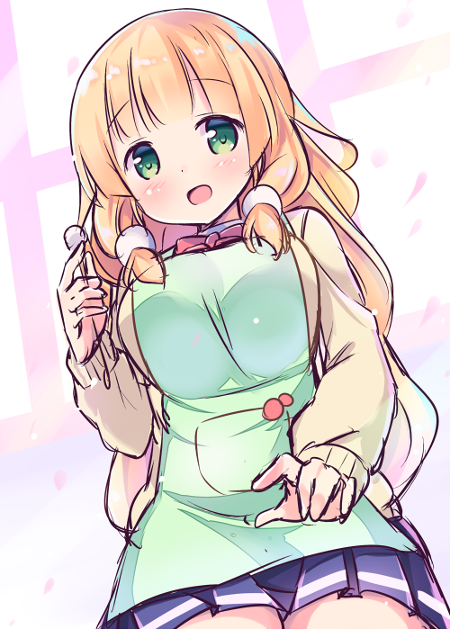 1girl, apron, bangs, blonde_hair, blunt_bangs, blush, bow, bowtie, breasts, cardigan, commentary_request, cowboy_shot, dutch_angle, eyebrows_visible_through_hair, foreshortening, fukuchi_kaori, green_apron, green_eyes, hair_ornament, holding, jk_shousetsuka_poi, kurou_(quadruple_zero), large_breasts, long_hair, long_sleeves, looking_at_viewer, mimikaki, open_mouth, petals, pleated_skirt, pocket, red_bow, red_bowtie, school_uniform, sketch, skirt, smile, solo, standing, very_long_hair