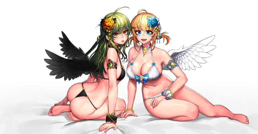 2girls, :d, :p, ahoge, angel, angel_and_devil, angel_wings, arm_support