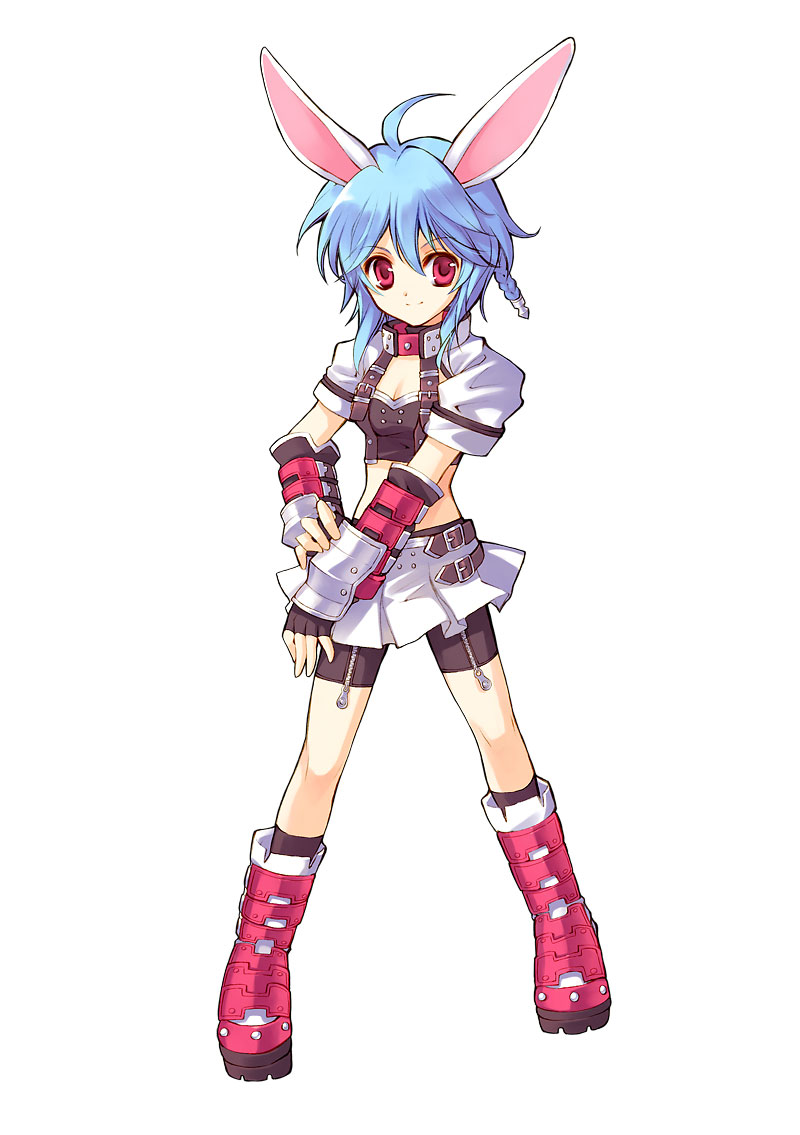 animal_ears, blue_hair, boots, braid, bunny_(trickster), bunny_ears, fingerless_gloves, gloves, rabbit_ears, red_eyes, skirt, standing, trickster