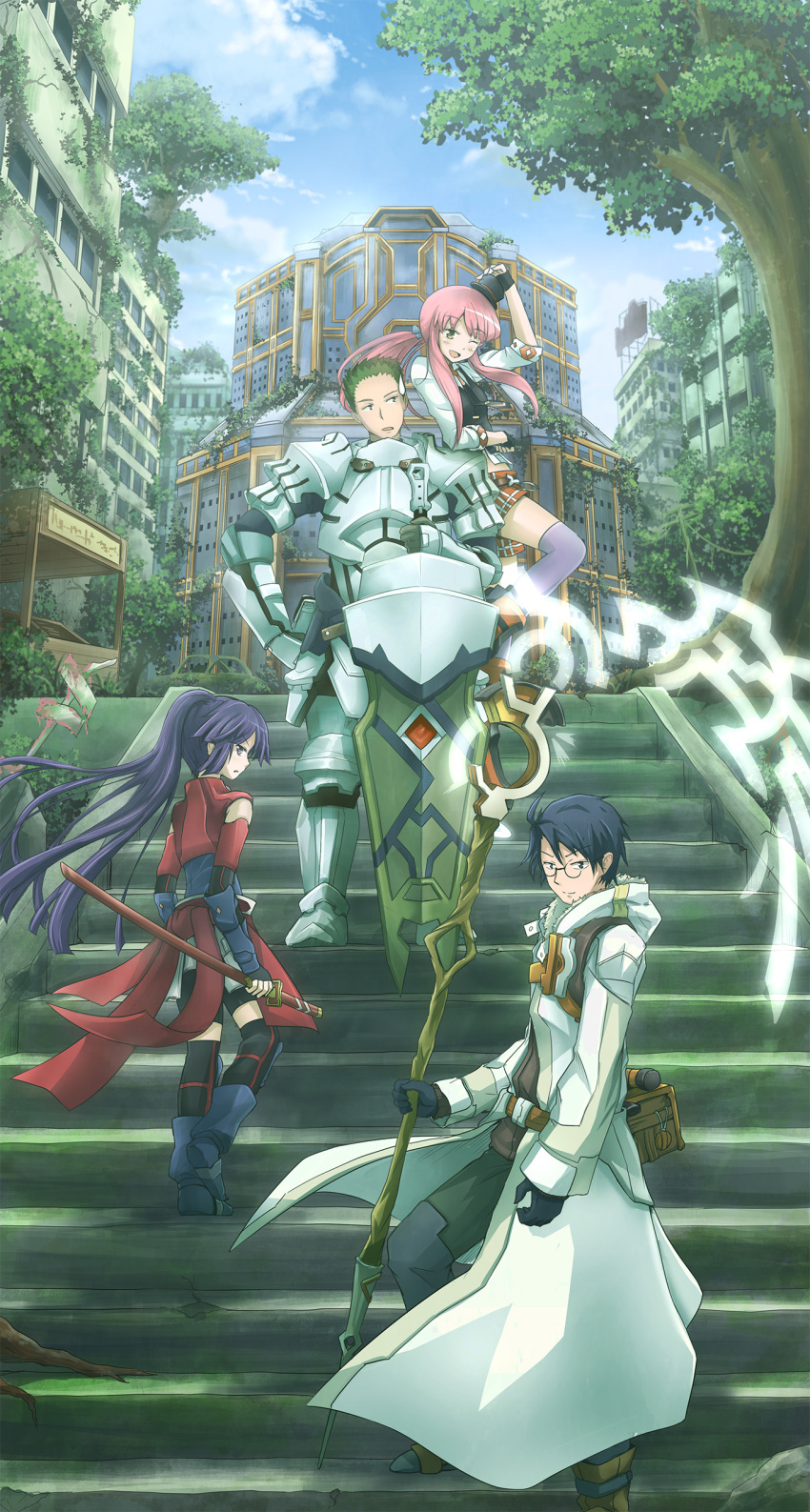 1girl, 3boys, absurdres, ahoge, akatsuki_(log_horizon), arm_up, armor, armored_boots