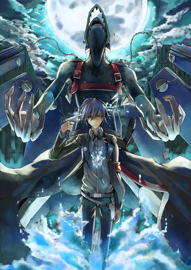 1boy, belt, black_jacket, black_pants, black_ribbon, blue_eyes, blue_hair, building