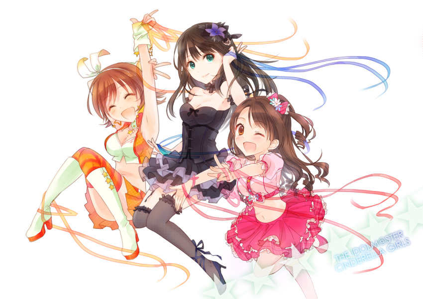 10s, 3girls, ;d, amattle, arm_up, armpits, black_dress, black_legwear