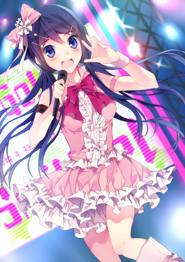 1girl, :d, arm_strap, black_hair, blue_eyes, blush, bow, bowtie