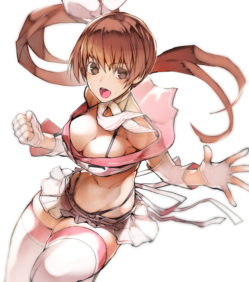 1girl, baek_changpo, bangs, black_panties, blush, bow, breasts, brown_hair, cleavage, eyebrows_visible_through_hair, fingerless_gloves, garakuta, gloves, hair_bow, hair_ribbon, highleg, highleg_panties, highres, large_breasts, long_hair, looking_at_viewer, microskirt, midriff, navel, open_mouth, panties, pleated_skirt, ponytail, ribbon, senkou_no_ronde, side_ponytail, simple_background, skirt, smile, solo, thigh-highs, thighs, underwear, white_background, white_gloves, white_legwear, white_ribbon, white_skirt