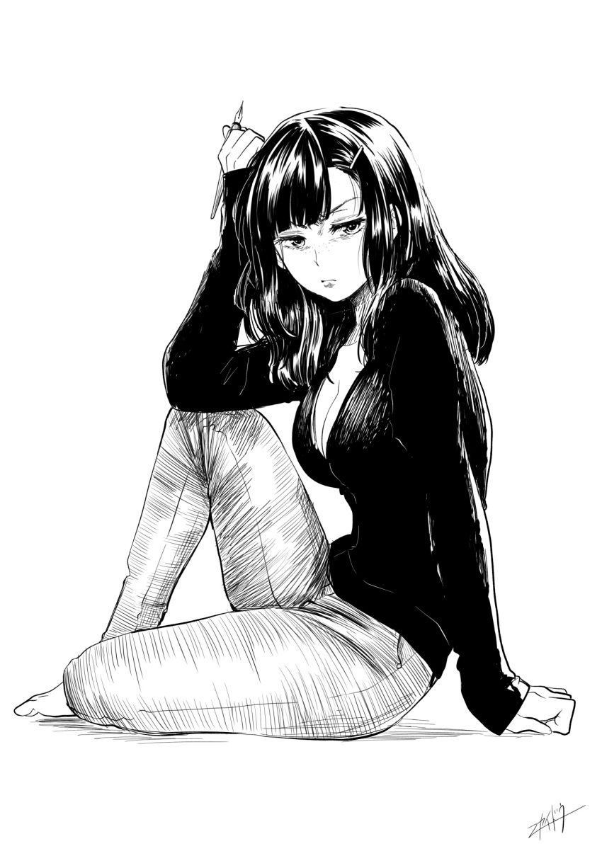 1girl, arm_at_side, arm_support, bangs, barefoot, blunt_bangs, breasts, cleavage