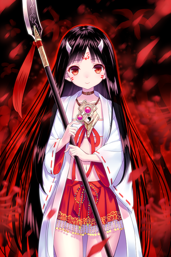 1girl, :>, bandeau, black_hair, bow, chain_chronicle, collar, commentary_request, cowboy_shot, eyebrows_visible_through_hair, facepaint, hakama, head_tilt, holding, holding_weapon, horns, japanese_clothes, jewelry, long_hair, looking_at_viewer, miko, motion_blur, naginata, necklace, pendant, petals, polearm, red_eyes, red_hakama, ribbon, ribbon-trimmed_sleeves, ribbon_trim, siso, smile, solo, standing, very_long_hair, weapon, whisker_markings, wide_sleeves, yin_yang