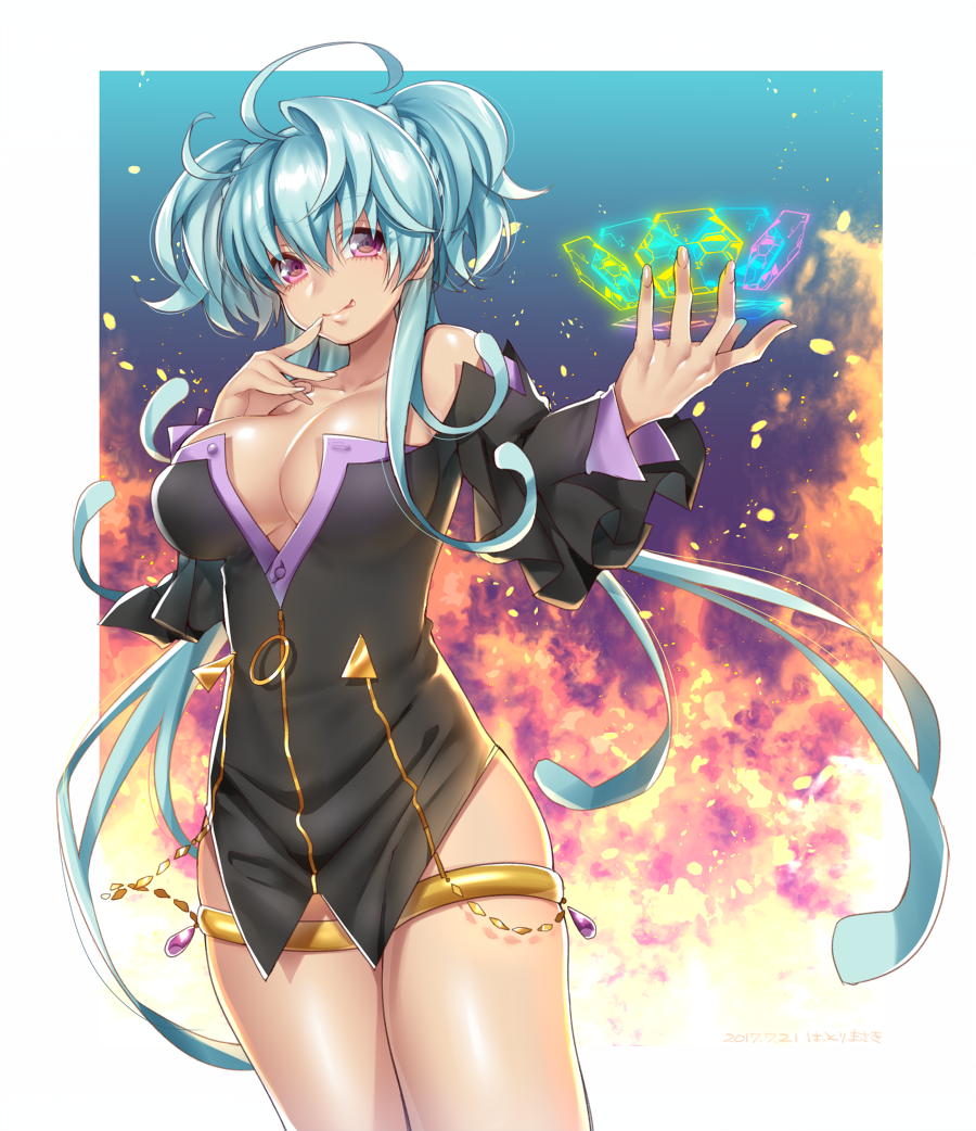 1girl, :p, :q, ahoge, aqua_hair, bare_legs, bare_shoulders, black_dress