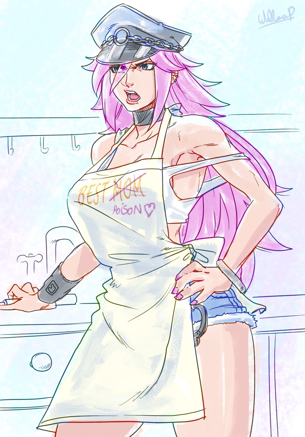 1girl, apron, blue_eyes, breasts, cleavage, cuffs, denim, denim_shorts