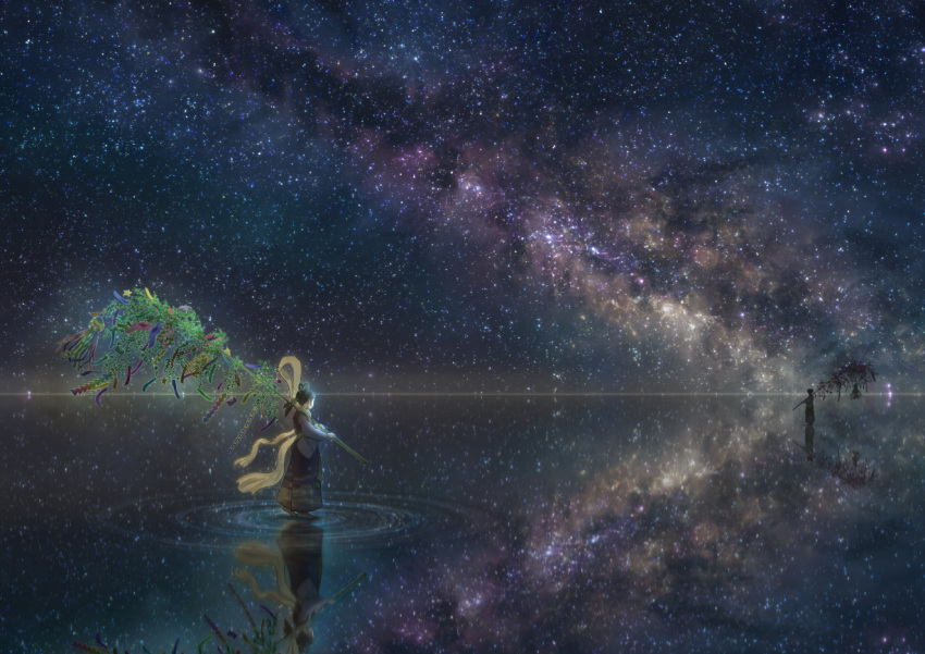 black_hair, facing_away, japanese_clothes, kun52, night, night_sky, original, outdoors