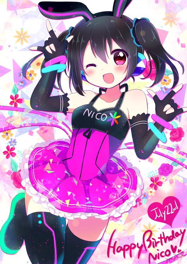 1girl, ;d, \m/, animal_ears, bangle, bangs, black_hair, blush, boots, bracelet, character_name, dated, double_\m/, dress, elbow_gloves, fake_animal_ears, fingerless_gloves, gloves, happy_birthday, headphones, jewelry, looking_at_viewer, love_live!, love_live!_school_idol_festival, love_live!_school_idol_project, mikurun_(otome_no_hanikami), one_eye_closed, open_mouth, rabbit_ears, ribbon, sleeveless, smile, solo, thigh-highs, thigh_boots, twintails, violet_eyes, yazawa_nico