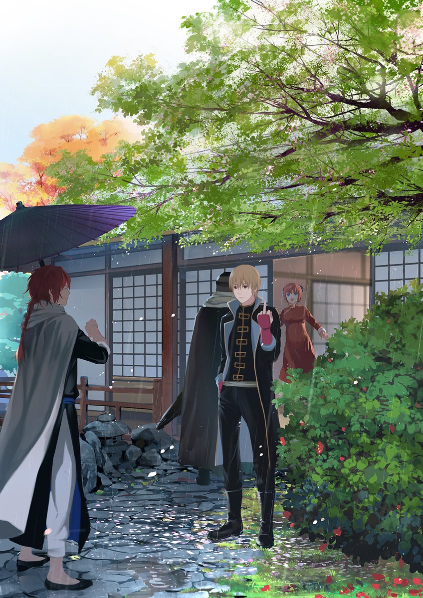 1girl, 3boys, blue_eyes, brother_and_sister, brown_hair, china_dress, chinese_clothes, dress