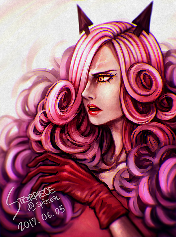 1girl, artist_name, charlotte_galette, curly_hair, dated, demon_horns, fur_trim, gloves