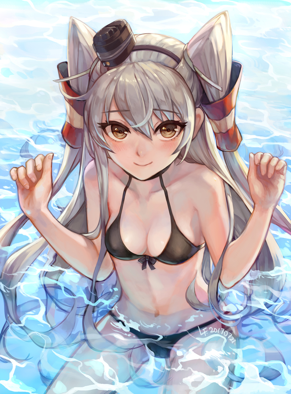 1girl, 2017, amatsukaze_(kantai_collection), artist_name, bikini, black_bikini, breasts, brown_eyes