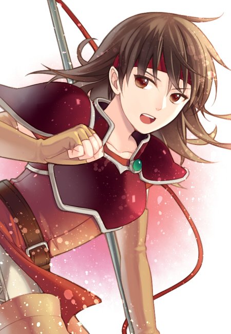 1girl, armor, belt, boots, brown_eyes, brown_hair, eda_(fire_emblem), fingerless_gloves