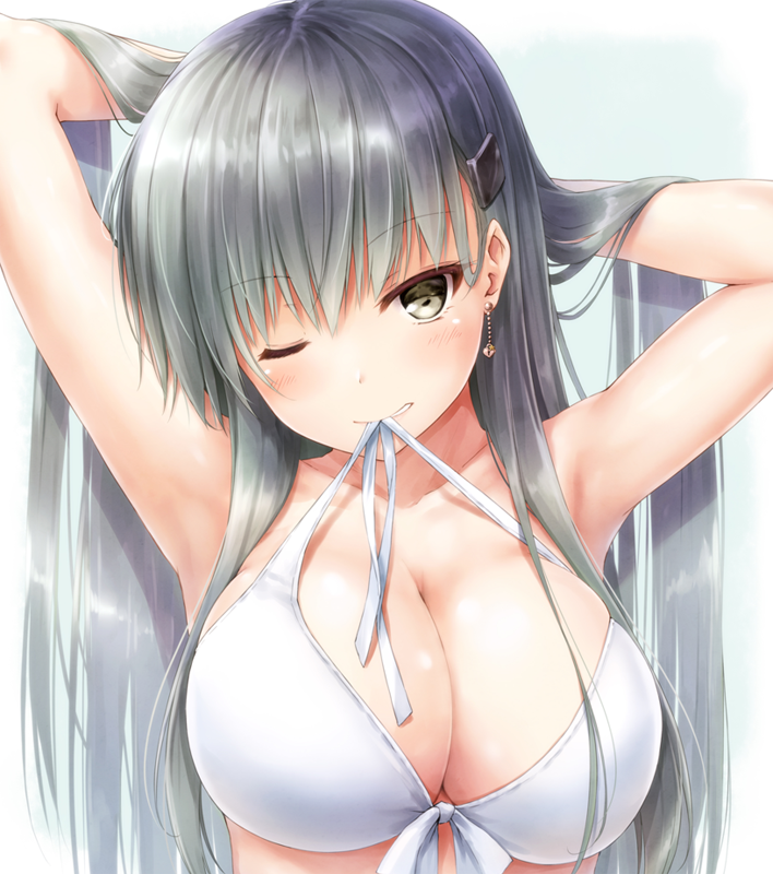 1girl, aqua_eyes, aqua_hair, armpits, arms_up, bangs, bikini, breasts