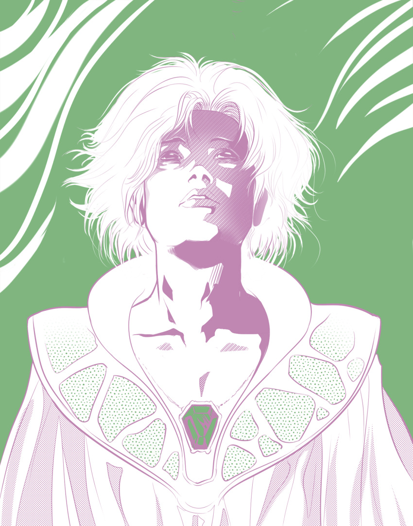1boy, collarbone, dream_(the_sandman), highres, limited_palette, looking_up, male_focus, messy_hair, robe, sasha_gladysh, solo, the_sandman, upper_body, white_hair